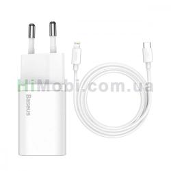МЗП Baseus Super Silicone Quick Charger 20W (Type-C) + Кабель Type-C to Lightning білий