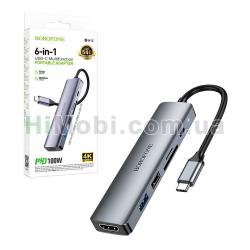 USB HUB Borofone DH15 6в1 Type C/ HDMI+Type C+USB 3.0+USB 3.0+SD+microSD Metal gray